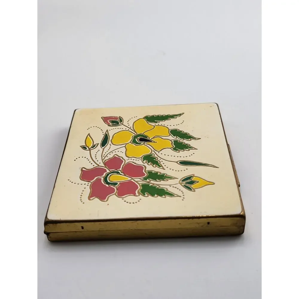 Vintage Shields Inc Floral Enamel Powder Compact Mirror Case